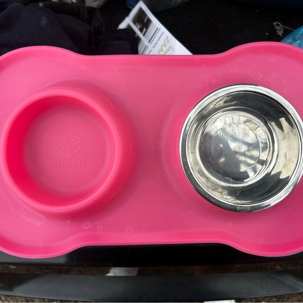 Pink Pet Feeding Mat with Stainless Steel Bowl